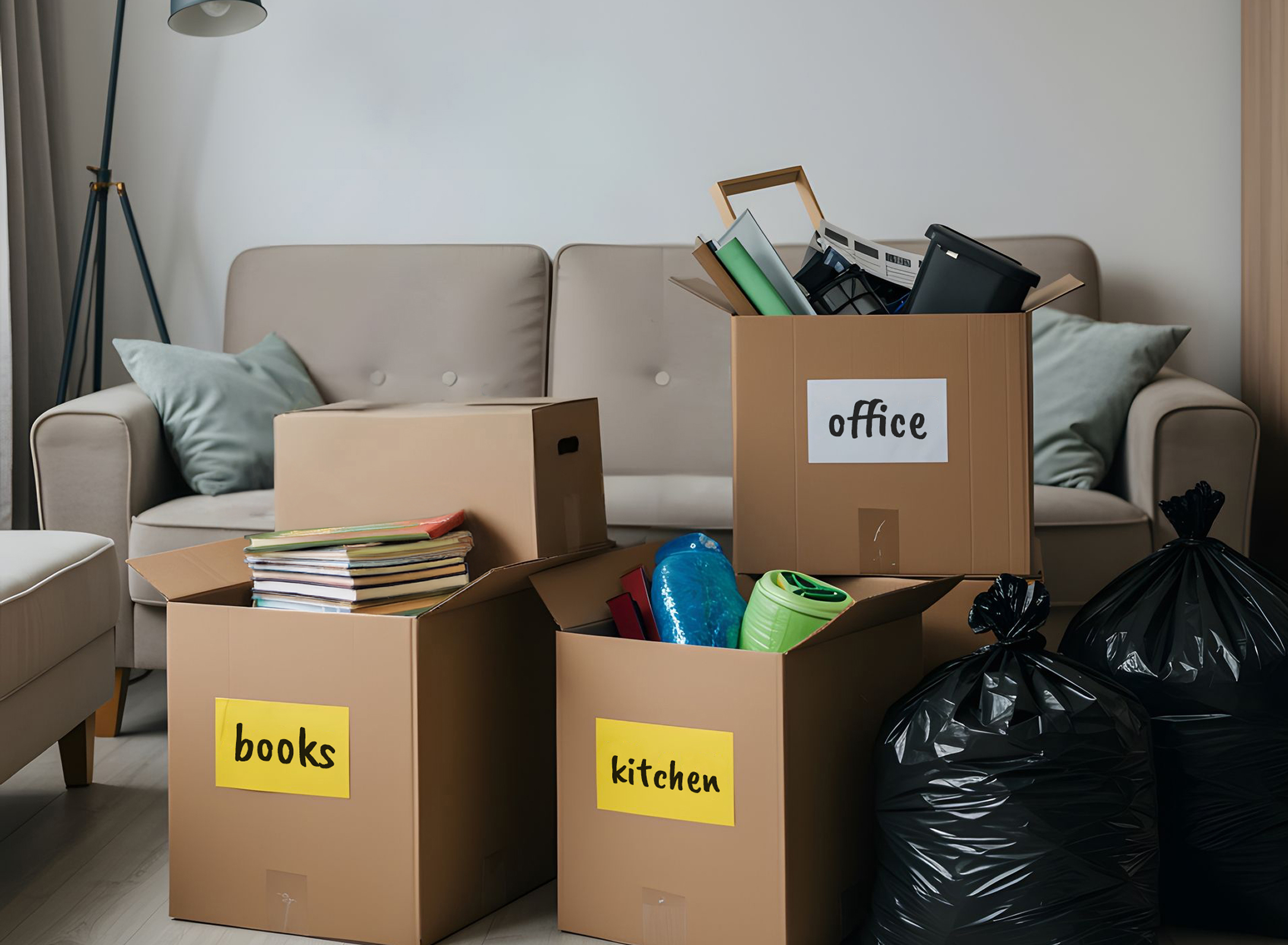 Hausreinigungsservice – Wohnzimmer mit gepackten Kartons